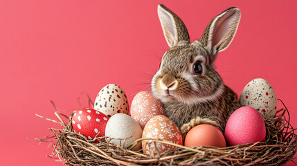 rabbit nestled in a cozy nest surrounded by colorful painted easter eggs. the scene symbolizes the j