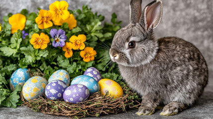 rabbit nestled in a cozy nest surrounded by colorful painted easter eggs. the scene symbolizes the j