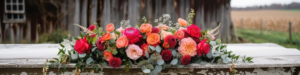 Wall Mural - Rustic Wooden Barn Background with Vibrant Floral Arrangement Featuring Red, Orange, and Pink Flowers in a Natural Setting