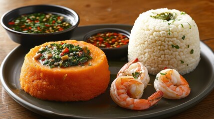 Wall Mural - Savory Nigerian Cuisine with Pounded Yam, Leafy Soup, White Rice, and Shrimp on a Traditional Serving Plate