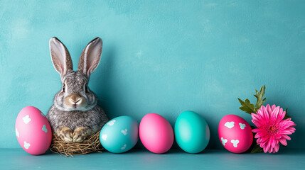 rabbit nestled in a cozy nest surrounded by colorful painted easter eggs. the scene symbolizes the j