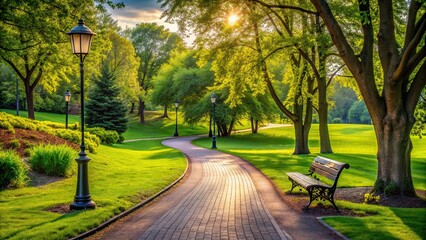 Canvas Print - A peaceful walking path winding through a beautiful park , serene, nature, trail, greenery, outdoors, scenery, leisure