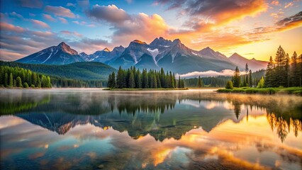 Poster - Dawn breaking over a tranquil lake with majestic mountains in the distance, dawn, lake, mountains, horizon, sunrise