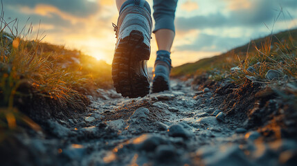 hiking boots on rugged terrain, highlighting the grip and durability. the scene captures the essence