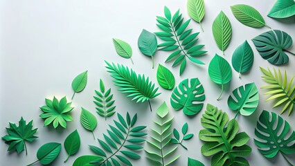 Canvas Print - Collection of green paper leaves on light background, green, paper, leaves, collection, decoration, nature