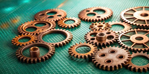 Canvas Print - Copper gears irregularly arranged on green metal background, copper, gears, machinery, industrial, metallic