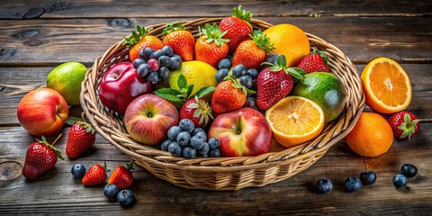 Poster - A colorful assortment of fresh fruits in a rustic basket, healthy, organic, variety, tropical, agriculture, harvest, nutrition