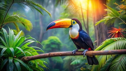 Poster - Colorful toucan bird sitting on a branch in a lush tropical jungle setting, toucan, paradise, exotic, vibrant, tropical, bird