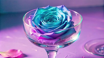 Canvas Print - Delicate purple rose in goblet with cyan liquid and dewdrops opal, rose, purple, goblet, cyan, liquid, dewdrops