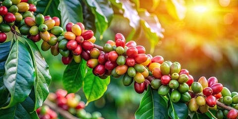 Branch of coffee tree with fruits and green leaves, Coffee, tree, branch, foliage, fruits, green, nature, plant, agriculture