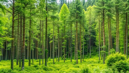 Wall Mural - Green forest with lush vegetation and tall trees, perfect for an ultrawide wallpaper, nature, trees, foliage, forest