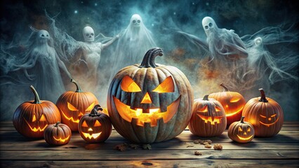 Poster - of spooky grunge ghosts surrounding a carved halloween pumpkin, ghosts, grunge, eerie, haunted, scary, spirits