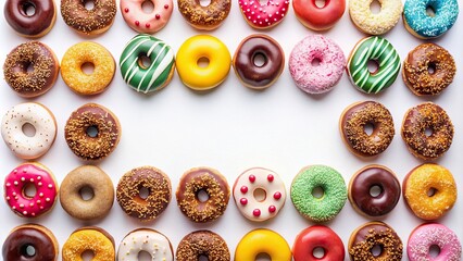 Canvas Print - Assorted colorful donuts arranged in a geometric pattern on a white background, donuts, colorful, assorted, pattern