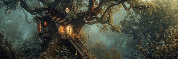 Poster - Unique tree house nestled within a forest enchanting fairytale atmosphere woodland storybook charm