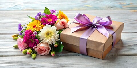 Poster - Gift box with assorted flowers and a satin ribbon bow, gift box, flowers, ribbon, present, bouquet