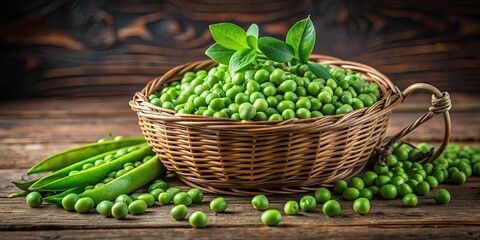 Wall Mural - A basket overflowing with fresh green peas, fresh, organic, vegetables, food, produce, garden, farm, healthy, natural