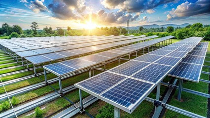 Poster - Many solar panels on metal racks in an eco power plant , sustainable, renewable energy