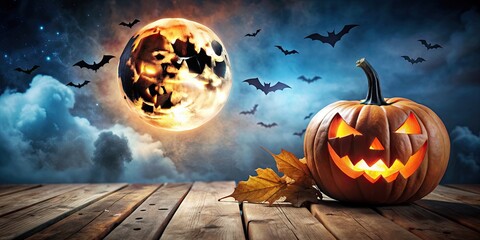 Canvas Print - Halloween background featuring a spooky night with a Jack-o'-lantern on a table, full moon, and bats, Halloween