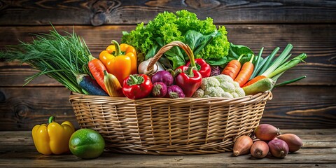 Wall Mural - Vegetables arranged beautifully in a rustic basket , fresh, organic, healthy, vibrant, assorted, colorful, harvest, farm