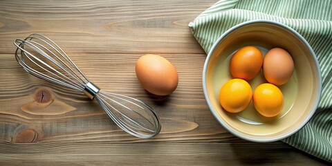 Canvas Print - Eggs and bowl for mixing, preparing omelet , breakfast, cooking, ingredients, culinary, kitchen, food, recipe, organic