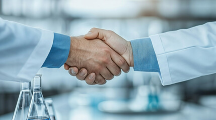 Two scientists shake hands in a modern laboratory, signifying collaboration and scientific advancement. The environment is filled with advanced equipment, symbolizing progress and unity in research