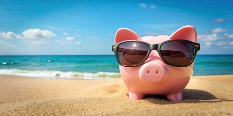 Wall Mural - Pink piggy bank with sunglasses relaxing on the beach, looking out at the ocean, piggy bank, sunglasses, beach, ocean