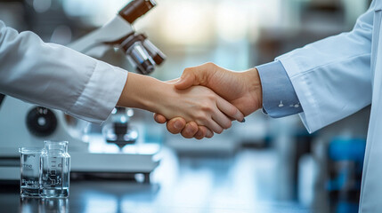 Two scientists shake hands in a modern laboratory, signifying collaboration and scientific advancement. The environment is filled with advanced equipment, symbolizing progress and unity in research