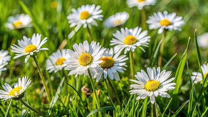 Wall Mural - Steppe daisies blooming on a sunny May day in a field of lush green grass , flowers, steppe, daisies, spring, May, bright, sunny