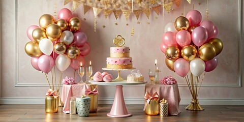 Canvas Print - Holiday birthday table with cake, balloons, pink and golden decorations, Happy birthday, celebration, festive, party, dessert