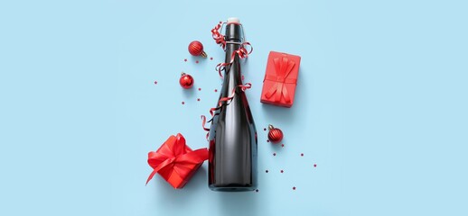 Sticker - Bottle of champagne with Christmas balls and gift boxes on light blue background