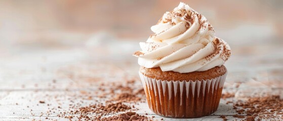 Delicious cupcake with creamy frosting, topped with chocolate shavings on a rustic wooden table.