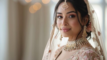 Elegant portrait of a bride wearing traditional attire, showcasing intricate jewelry and a beautiful veil with a soft background.