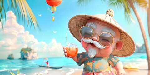 Relaxed elderly Japanese man enjoying a seaside vacation, dressed in casual attire while engaging in leisure activities. This serene scene captures the essence of tranquility and joy found in beachsid