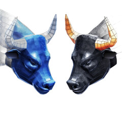 Two hornsed bulls with one blue and one black