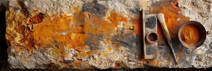 Square stone block used as a workstation for mixing pigments in traditional Aboriginal art, utilizing ochre rock powder for vibrant orange-red shades, charcoal for deep black, and clay for a bright