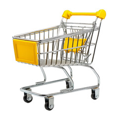 A shopping cart with a yellow handle and a yellow basket