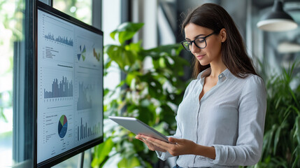 Poster - Businesswoman using tablet analyzing financial data on interactive whiteboard