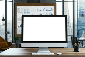 Poster - Modern office desk with computer showing blank white screen, keyboard, mouse and charts on wall in background
