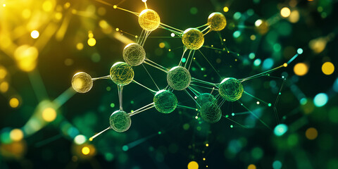 Abstract molecular structure glowing on dark green background