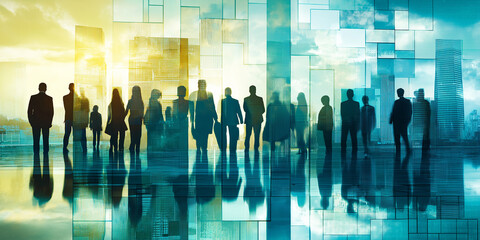 Aufkleber - Large group of business people standing in modern cityscape
