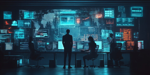 Leinwandbilder - Business team working late analyzing big data on multiple computer screens
