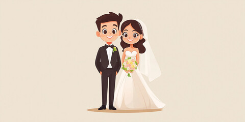 Happy cartoon bride and groom standing on wedding day