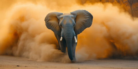 Elephant running through a cloud of dust at sunset