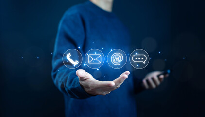 contact us concept. hand show icon ( address, phone, email, mobile, call ) contact customer support.
