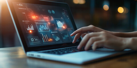Poster - Businesswoman analyzing business data using data analytics technology on laptop computer