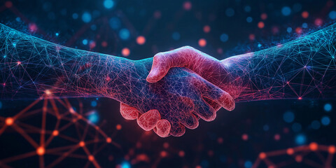 Poster - Two business partners shaking hands made of network mesh representing agreement