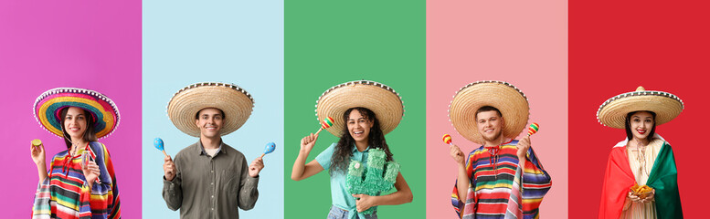 Poster - Set of many Mexican people on color background