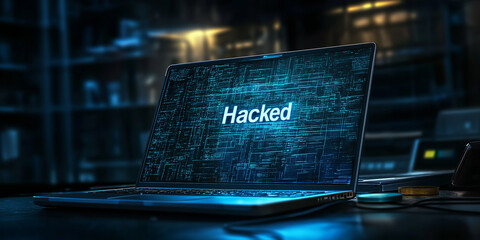 Leinwandbilder - Laptop showing hacked system in a dark server room