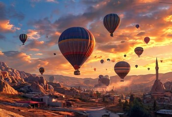 hot air balloons over city in the sky