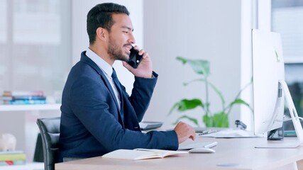 Aufkleber - Young corporate executive and professional communicating project plans and discussing deals with clients in a company. Business man talking on a phone while working on a computer in an office.